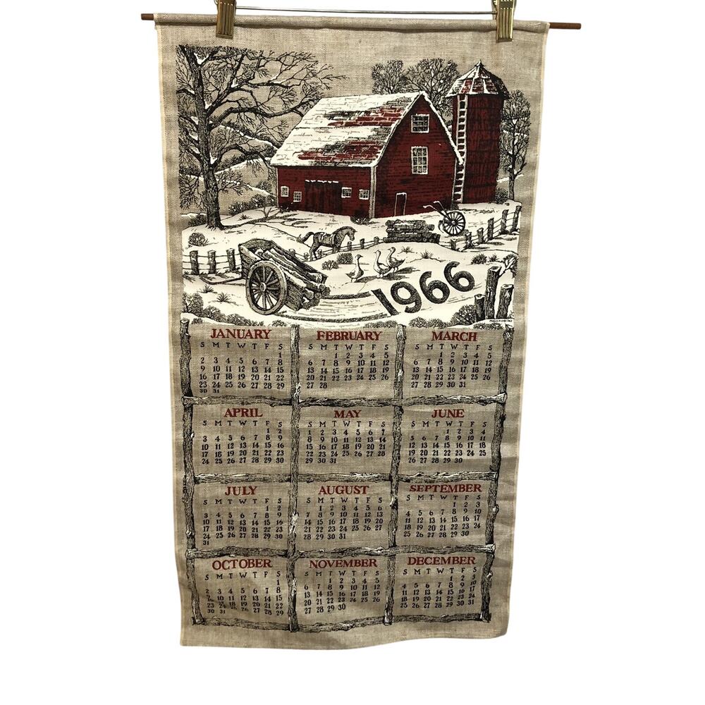 Linen Wall Calendar 1966 Red Barn and Silo in Winter Textile Woven Mallandrino